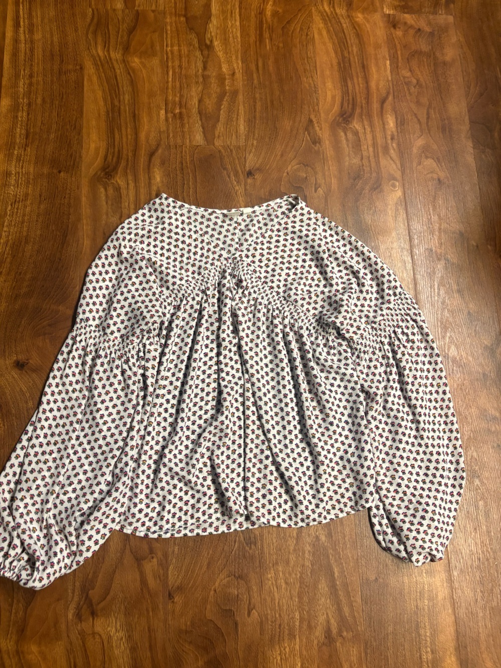 Floral V-Neck Blouson Sleeve Peasant Blouse Top White Small - Picture 2 of 6